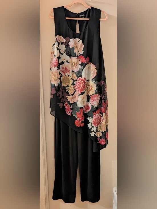 Evans Pants - Formal Evans Jumpsuit Sheer Floral Overlay Sleeveless Keyhole Back Stretchy Size